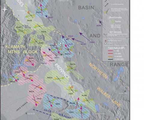 A map of the results of the kinematic analysis showing the seismogenic deformation domains in northern California