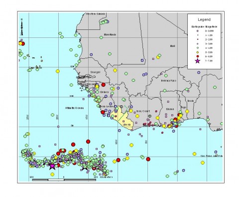 A map of West African earthquakes used in the seismic hazard assessment in Guinea