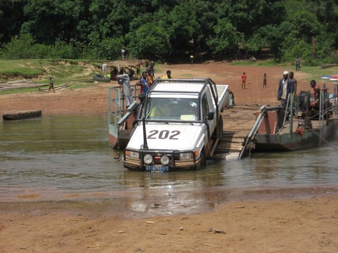 Truck leaving a chain ferry encountered during a field excursion for a seismic hazard assessment in Guinea